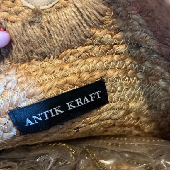 Antik Kraft Jute Woven Clutch With‎ Wooden Handles & Pink Pattern purse handbag - Picture 3 of 10
